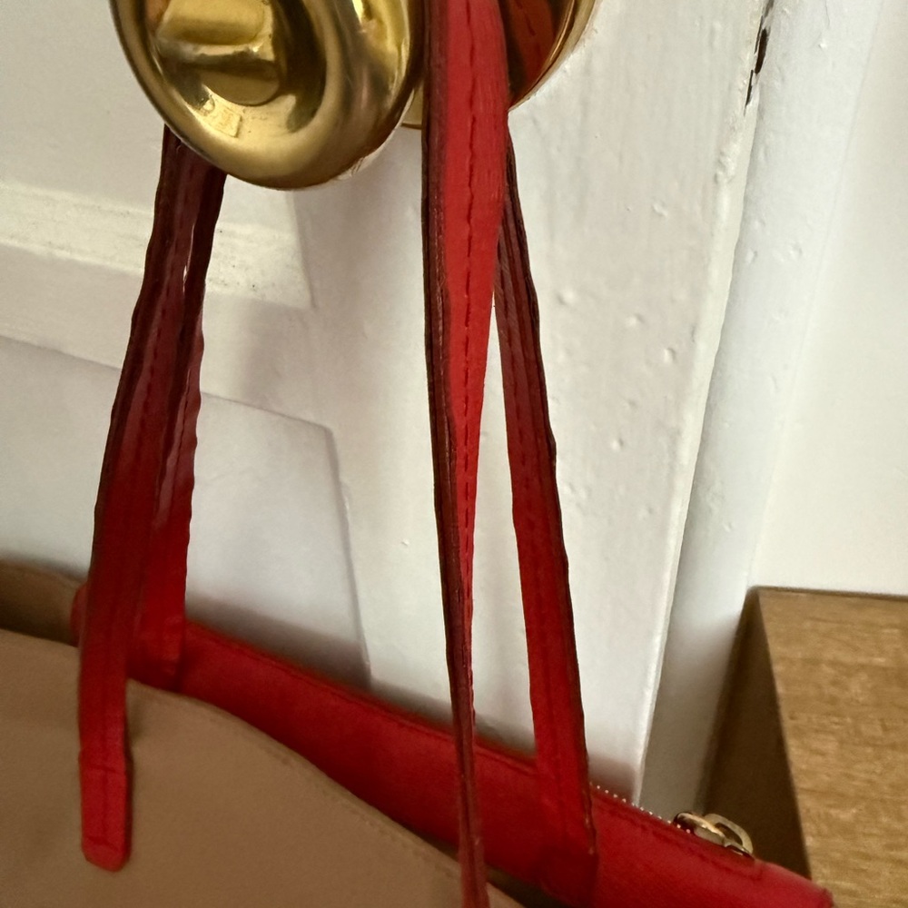 Lanvin Red and Tan Leather Shoulder Tote with Front Pocket - Picture 4 of 8